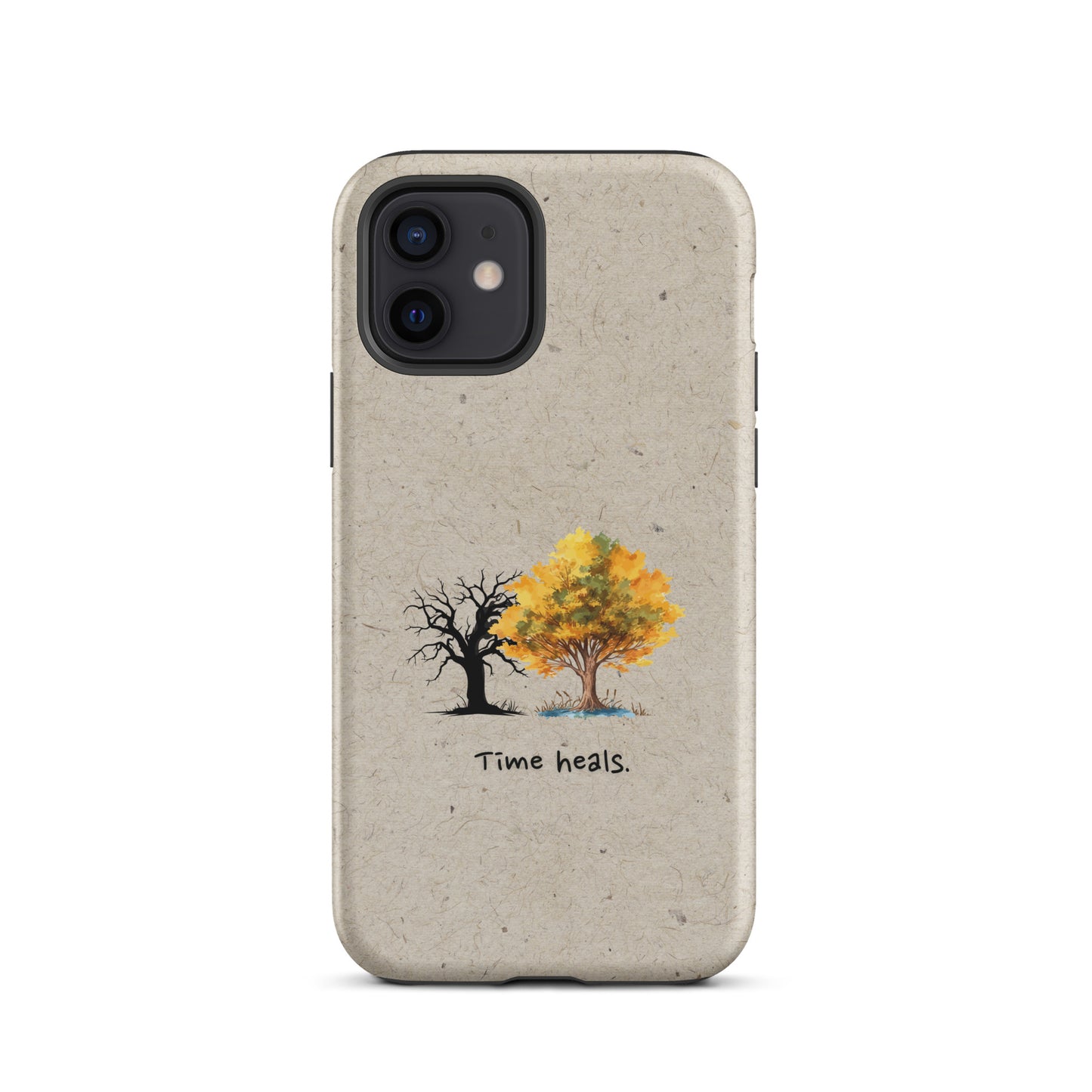Close-up of dual-layer phone case featuring detailed time and growth design