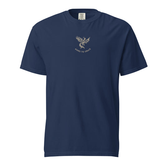 Ashes to Grace embroidered garment-dyed t-shirt with phoenix design by Amaannat