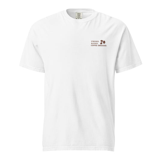 Stressed Blessed Coffee Obsessed embroidered garment-dyed t-shirt by Amaannat