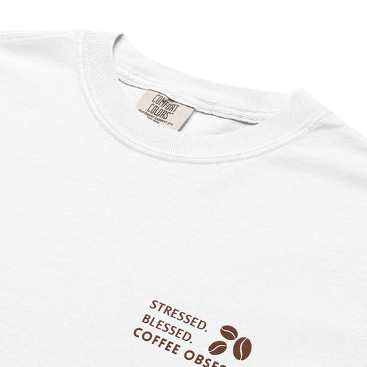 Vintage cotton tee with Stressed Blessed Coffee Obsessed embroidery design